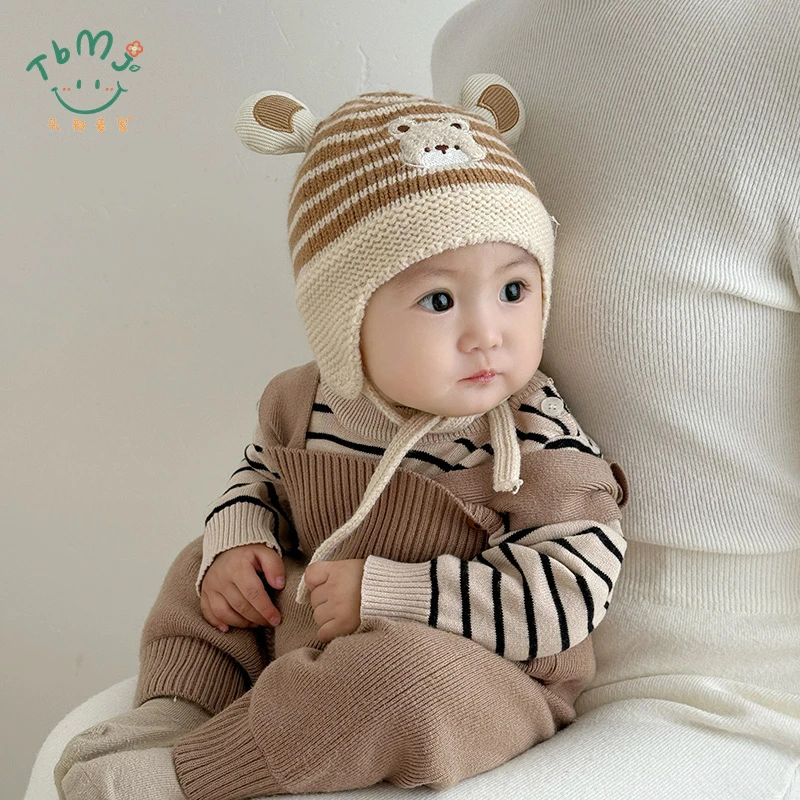 条纹婴儿帽子秋冬可爱卡通男童女宝宝婴幼儿针织帽儿童毛线护耳帽