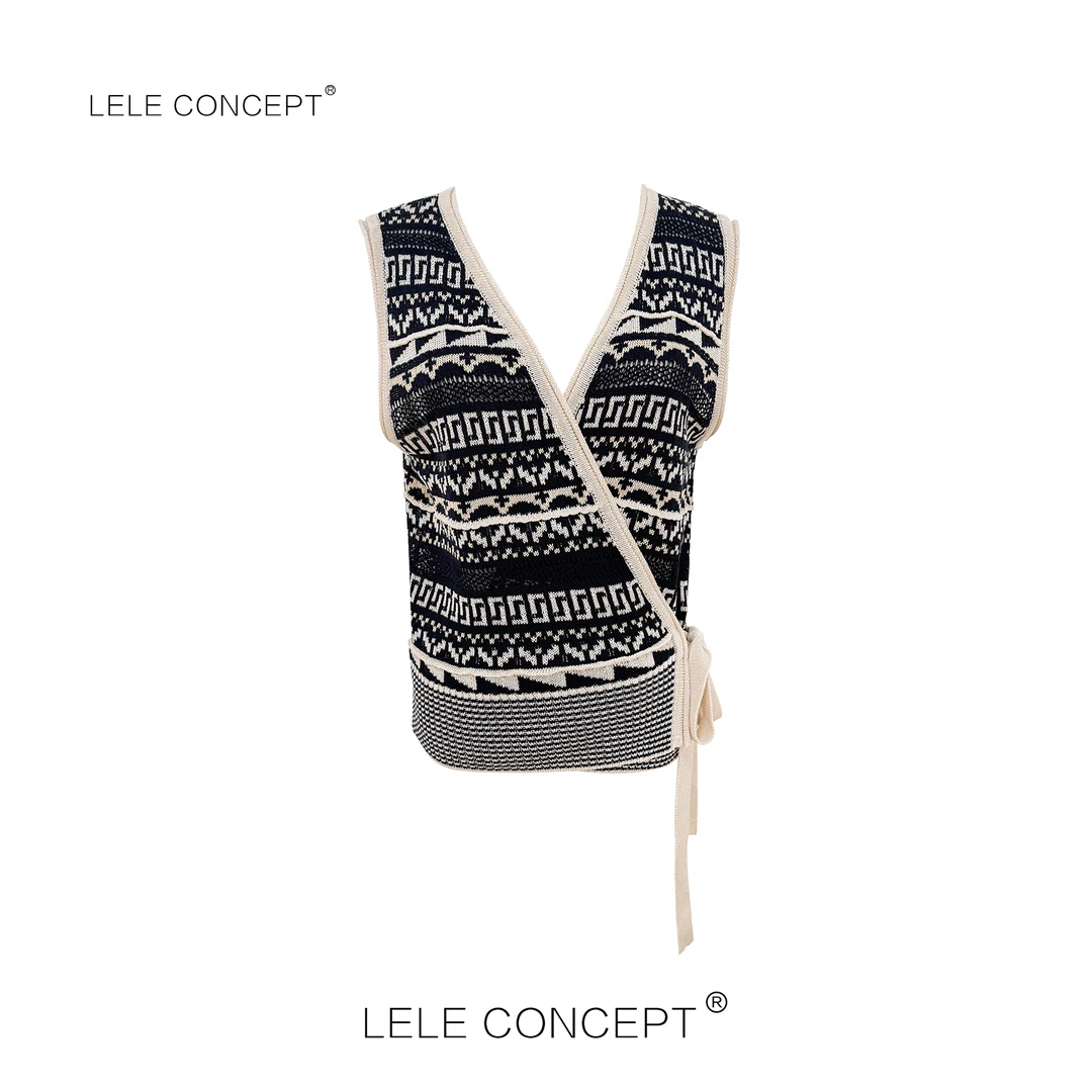 LELE CONCEPT丨轻奢时装款无袖V领系带花纹上衣S0973