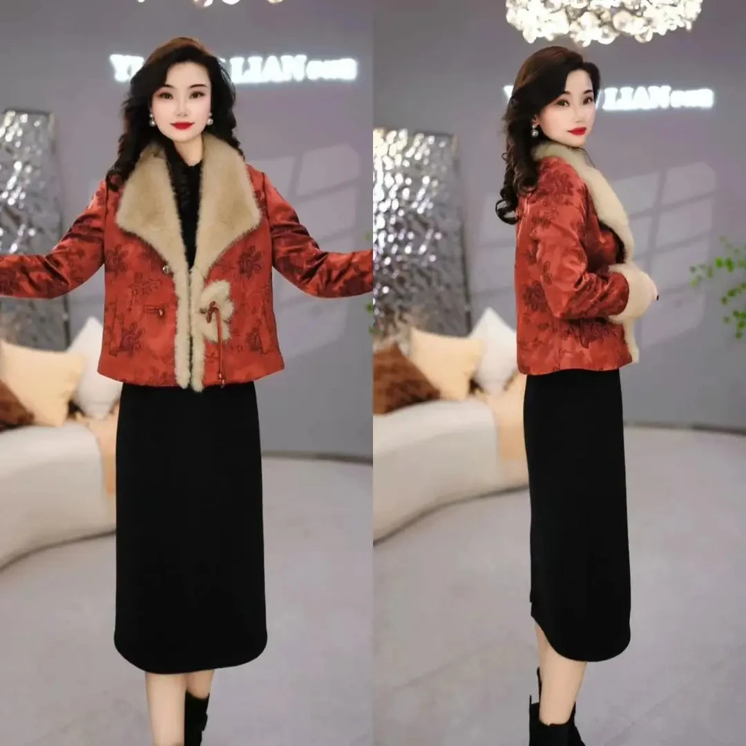 【外套 连衣裙】提花缎冬季时尚复古红色气质加厚保暖毛领套装裙