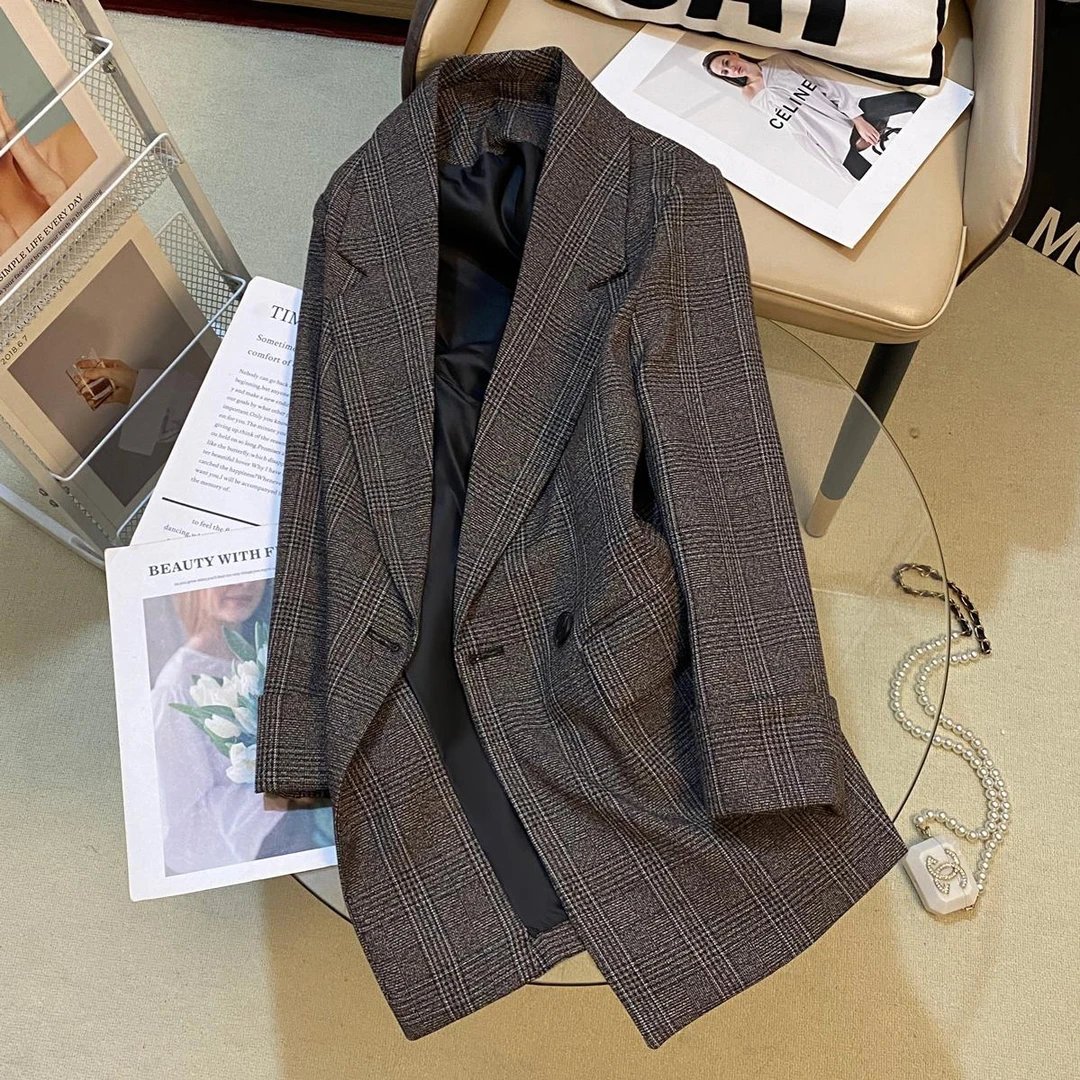 culv咖色复古格纹设计西装外套女春季新款今年流行休闲百搭上衣潮