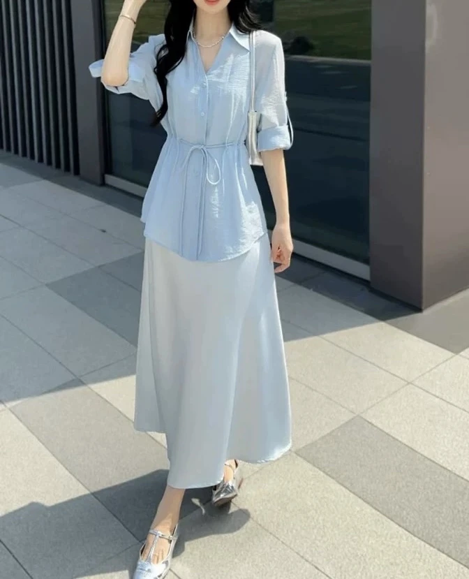 654【两件套】韩系高级设计款防晒衬衫+缎面吊带连衣裙套装（D21）