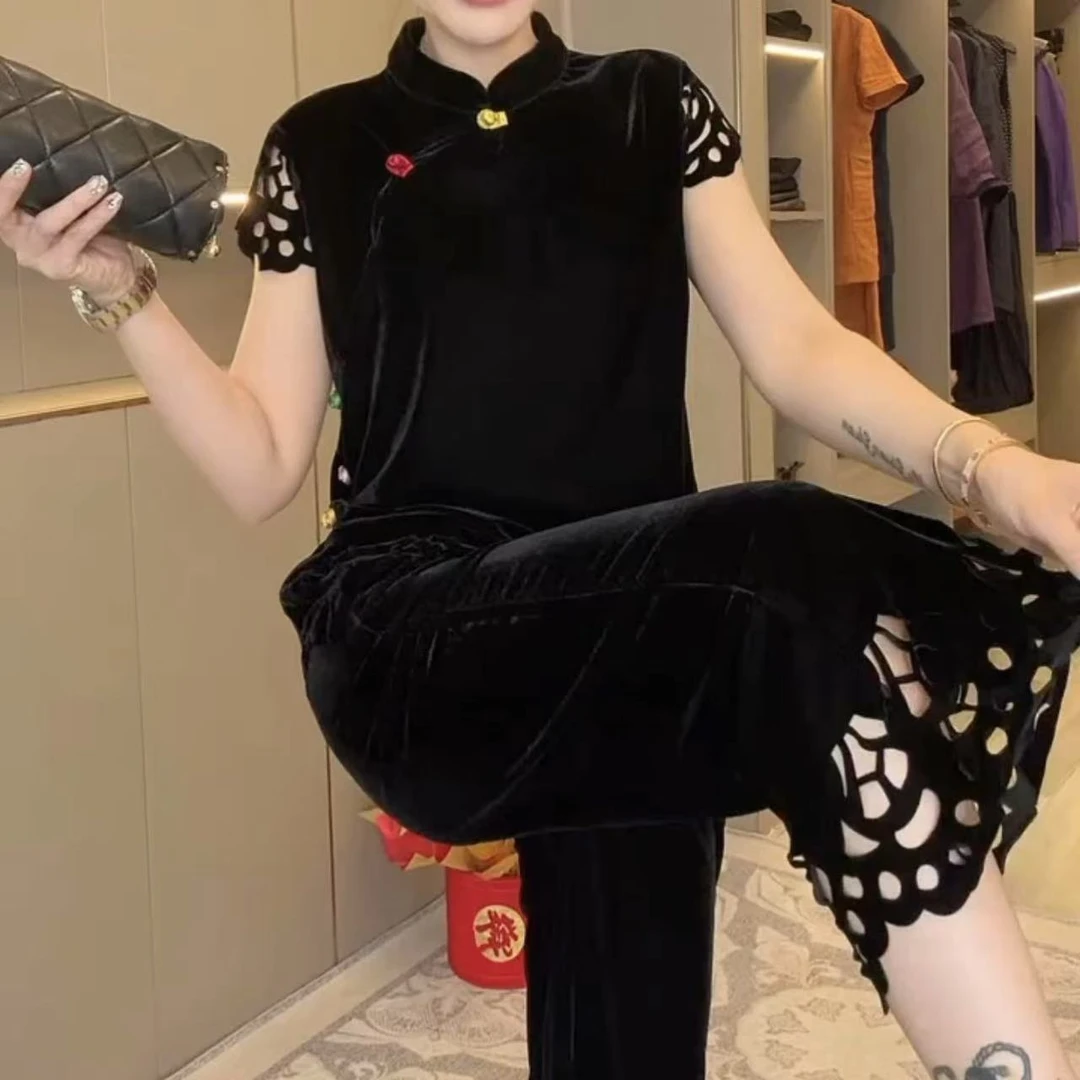 大码女装2025秋季国风镂空花边短袖丝绒立领上衣松紧腰裤子两件套