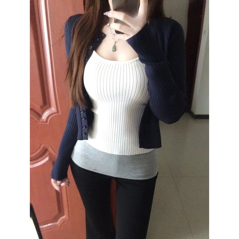 韩系高级感穿搭藏青色针织开衫外套女2025新款早秋背心上衣两件套