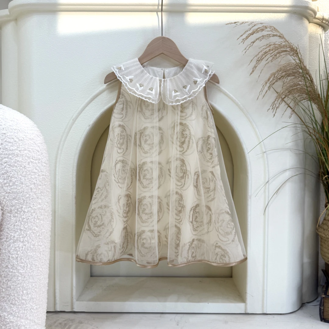 2025夏季新款女童娃娃领连衣裙无袖背心裙洋气亮片网纱裙P25001