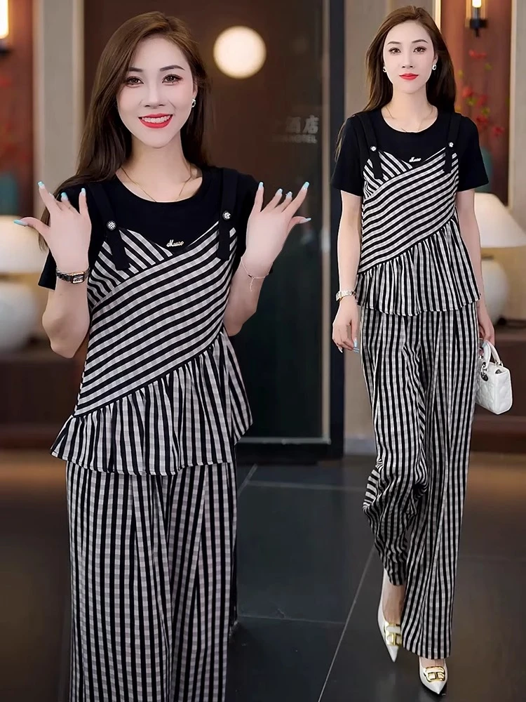 时尚拼接条纹短袖阔腿裤两件套女2025夏季新款洋气质韩版垂感套装