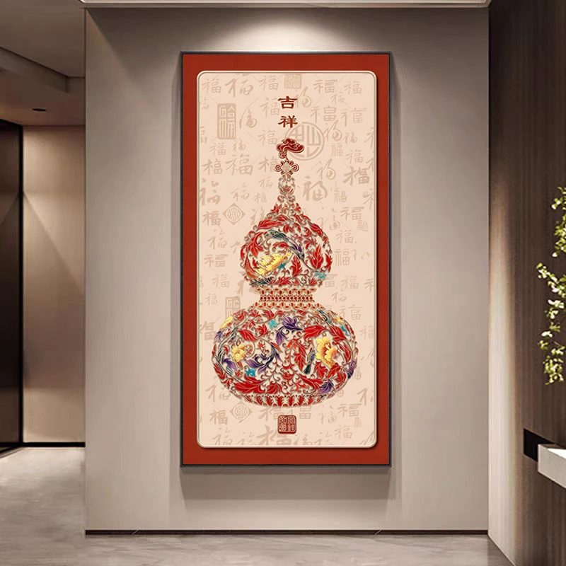 葫芦新中式挂画入户玄关装饰画福禄吉祥图客厅正对门走廊过道壁画