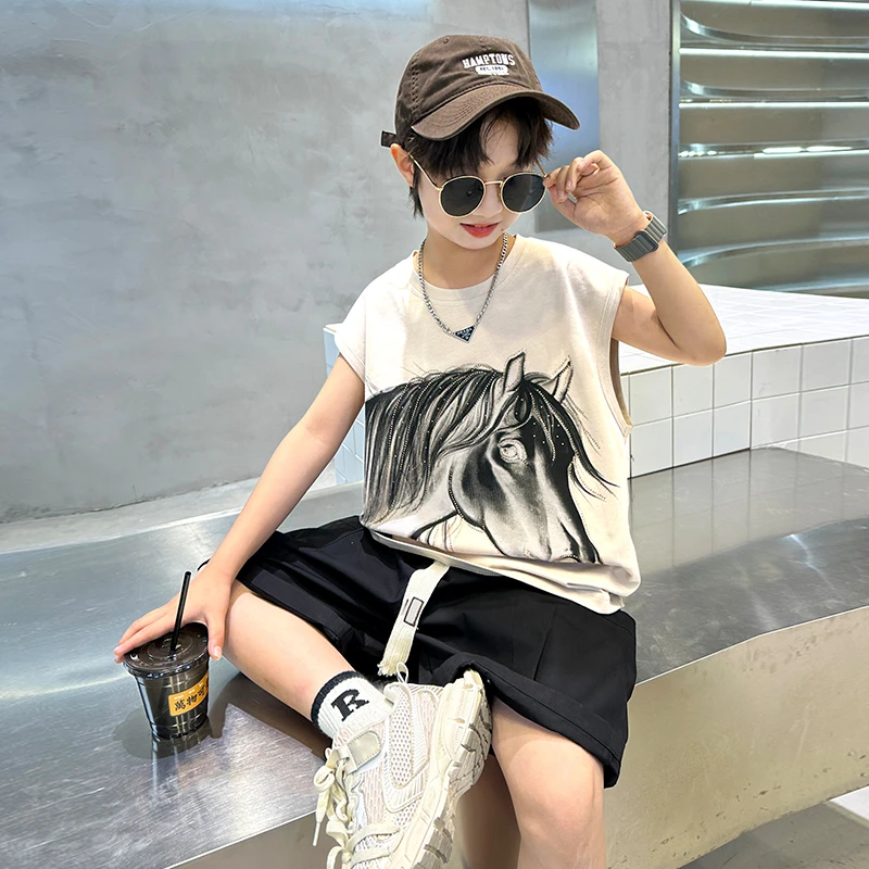 男童套装夏装2025新款中大童夏季无袖背心潮【百岁童】B3333