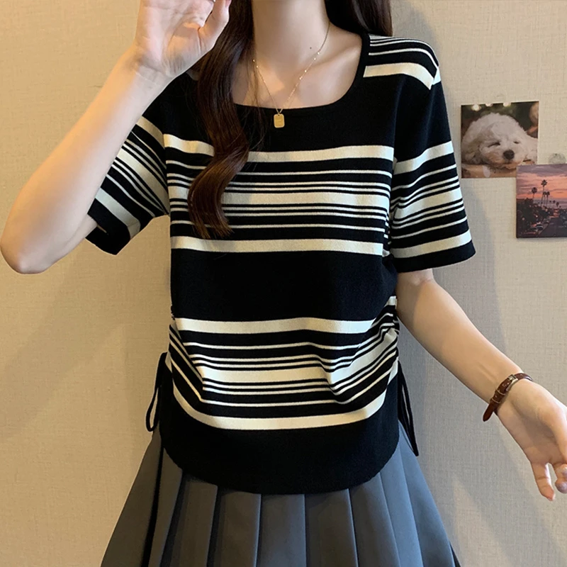 大码冰丝条纹短袖T恤女夏季新款胖mm显瘦遮肚子方领抽绳薄款上衣
