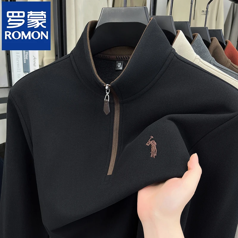 罗蒙男士秋冬款卫衣半高领双面绒打底衫刺绣德绒磨毛加厚保暖上衣