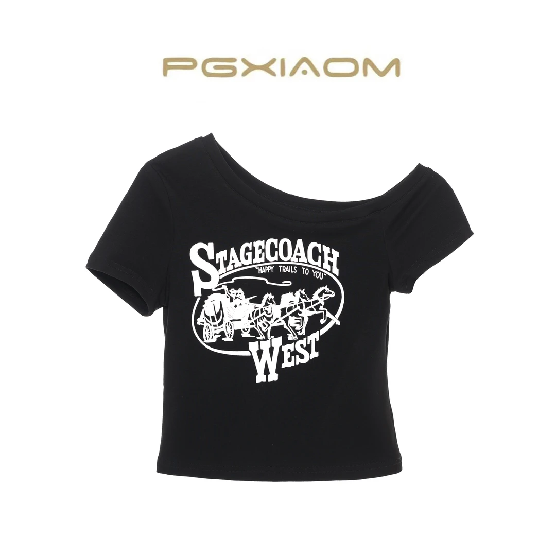 【PGXIAOM】润秀定制黑色字母印花斜肩T恤衫TX10079（露左肩）