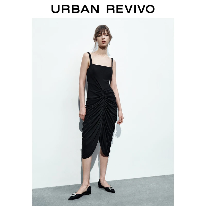 UR秋冬方领无袖紧身连衣裙女时尚休闲褶皱裙子露背裙子UWG730054