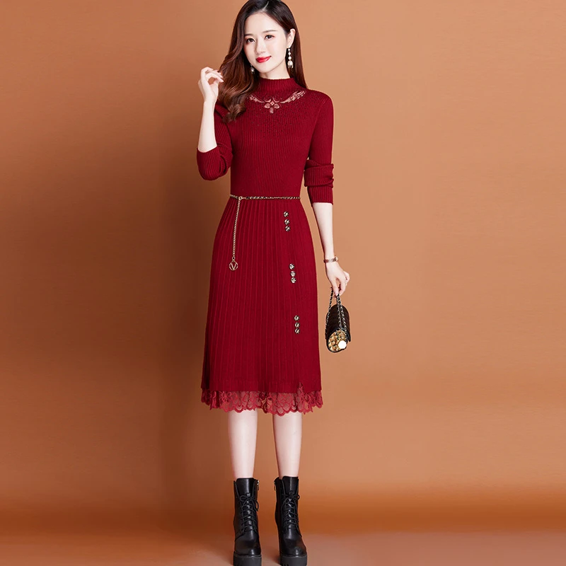 妈妈过年衣服红色连衣裙喜婆婆婚宴装2025新款气质显瘦针织毛衣裙