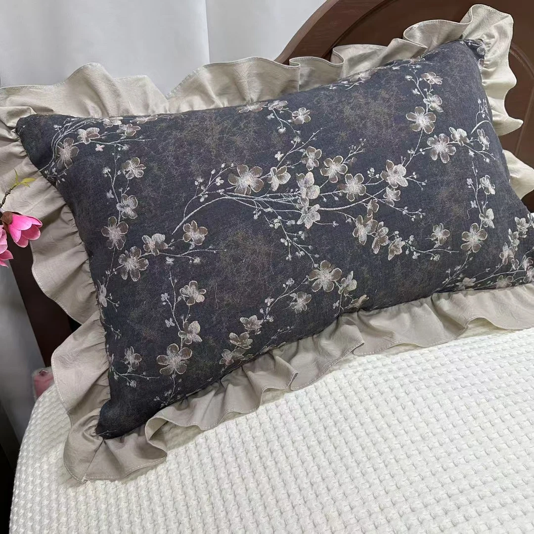 【皱皱花边】墨梅-深灰色罗布麻枕套50*80cm两条装