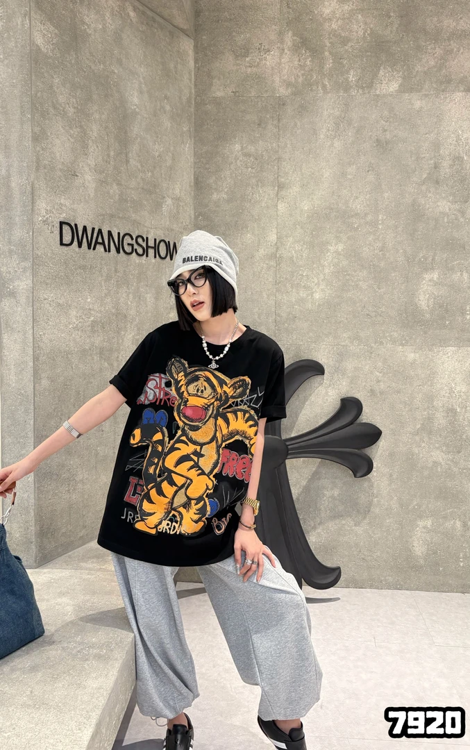 早秋时尚潮流美式休闲复古上衣卡通虎印花T恤宽松显瘦短袖 7920
