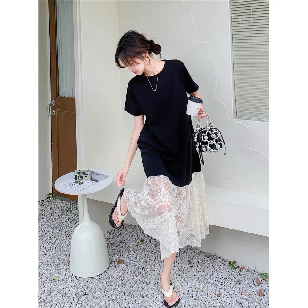 33292 短袖黑色连衣裙女2025夏御姐风拼接蕾丝韩版中长款宽松