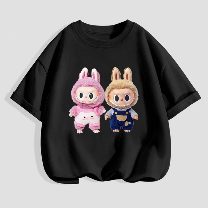 100%纯棉美式日常时尚风短袖设计感拉布布印花t恤潮流男女童上衣