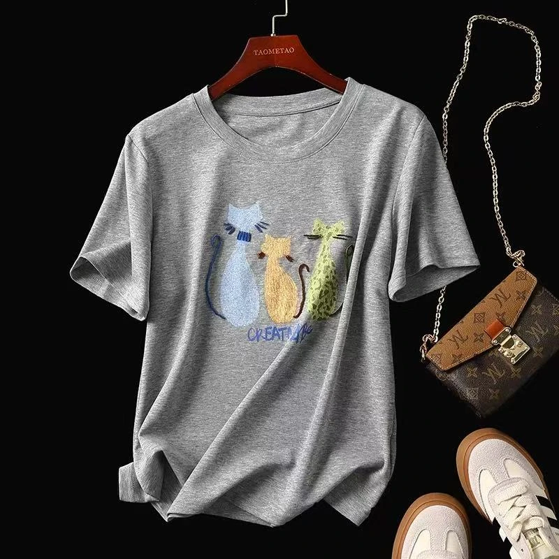 深圳南油白桃美美 东大门三只小猫圆领短袖T恤夏季新款百搭A2875