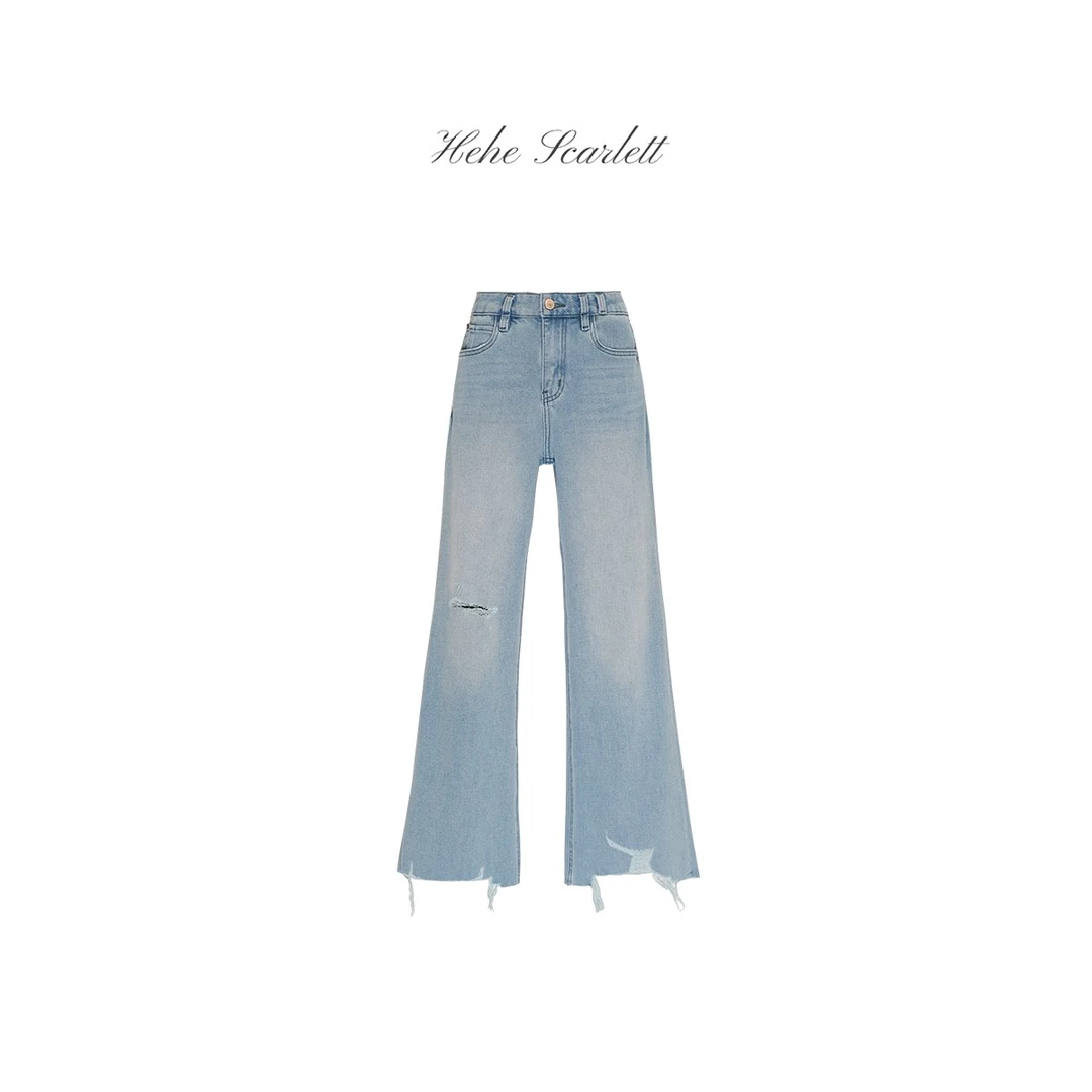 【4月第一批】你的呵呵丨不锁边破洞四面弹薄款毛边阔腿微喇牛仔裤