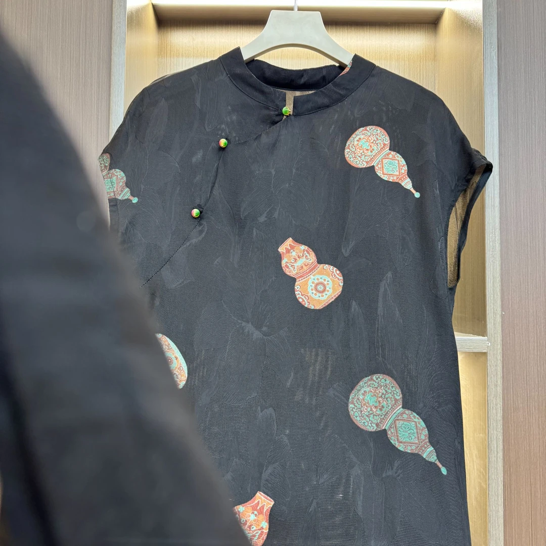 【墨葫】印花新中式短袖通勤26705旗袍牡丹提花复古夏季黑色