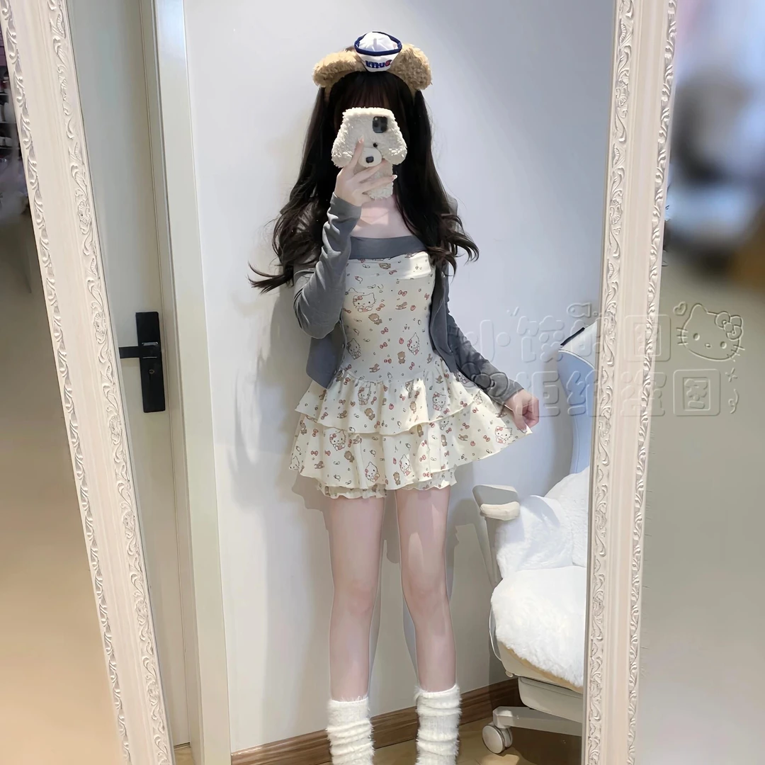 春季新款甜辣碎花修身显瘦气质甜美温柔风吊带连衣裙+开衫外套女