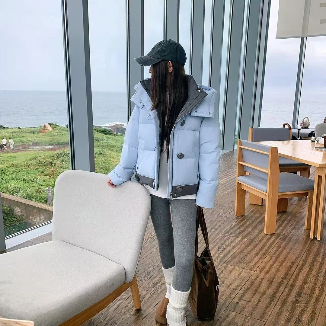 新款棉衣女短款韩版紫色好看撞色棉服2025加厚连帽冬季外套