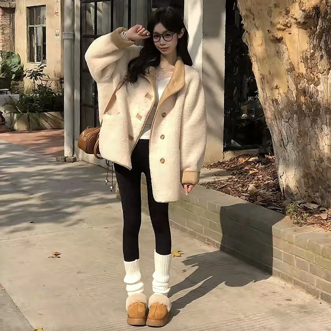 韩版简约立领皮毛一体羔气质羔毛外套冬季宽松保暖大衣加厚小个子