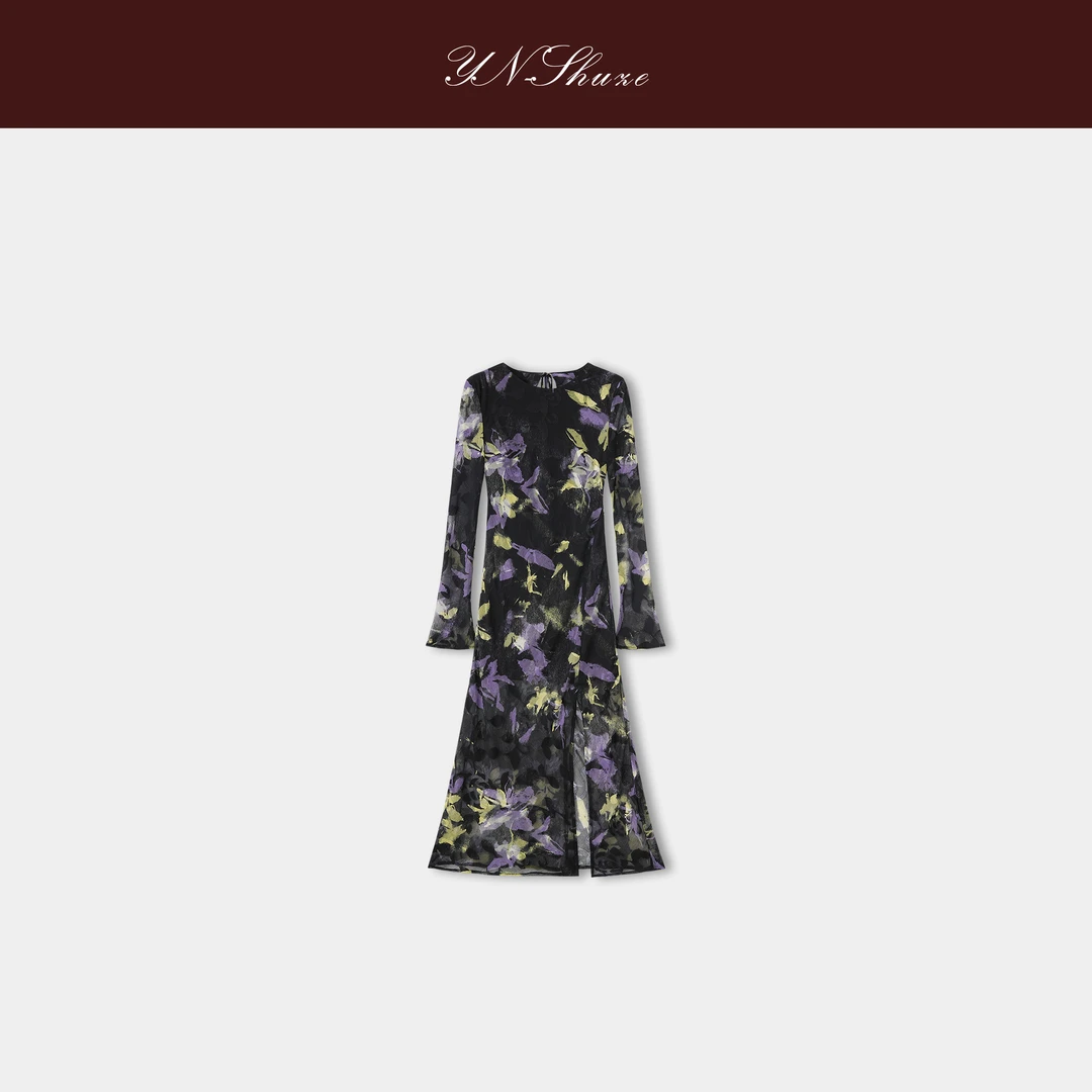 YN-SHUZE【紫韵微醺】开叉碎花扎染圆领长袖连衣裙SZ-YNB-Jp25126