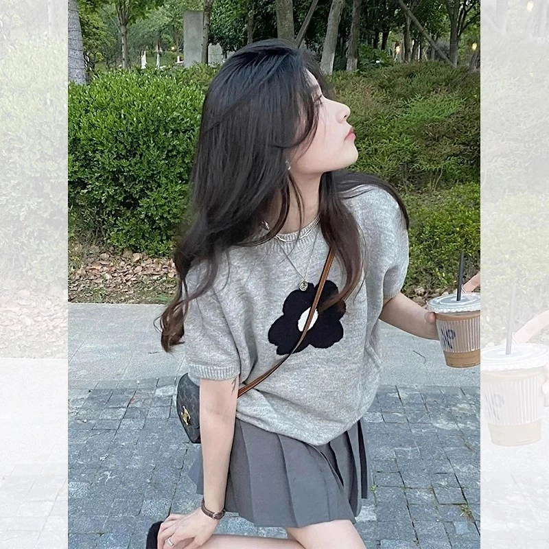 美式复古正肩短袖女t恤夏季2024新款小个子港味chic灰色针织上衣