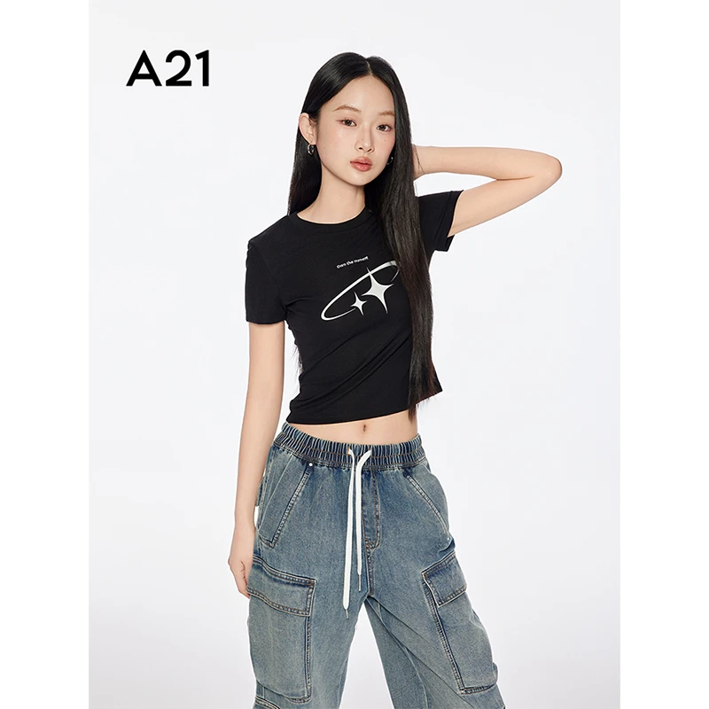 A21女装星星印花圆领短袖T恤夏季新款复古简约修身上衣F452231052
