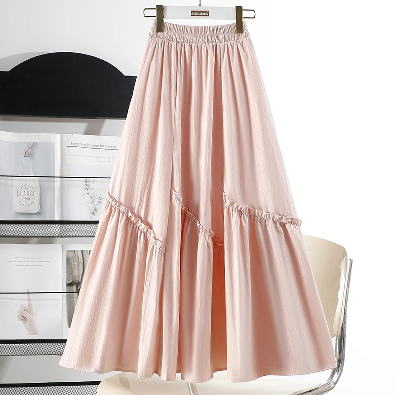 松紧腰仙女裙2025新款春夏季不规则复古半身裙木耳边拼接a字长裙