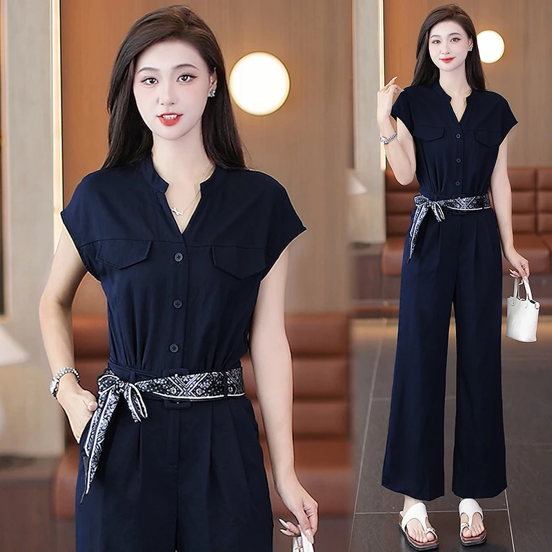 时尚连体套装2025年夏季气质收腰显瘦复古丝巾短袖直筒连体裤