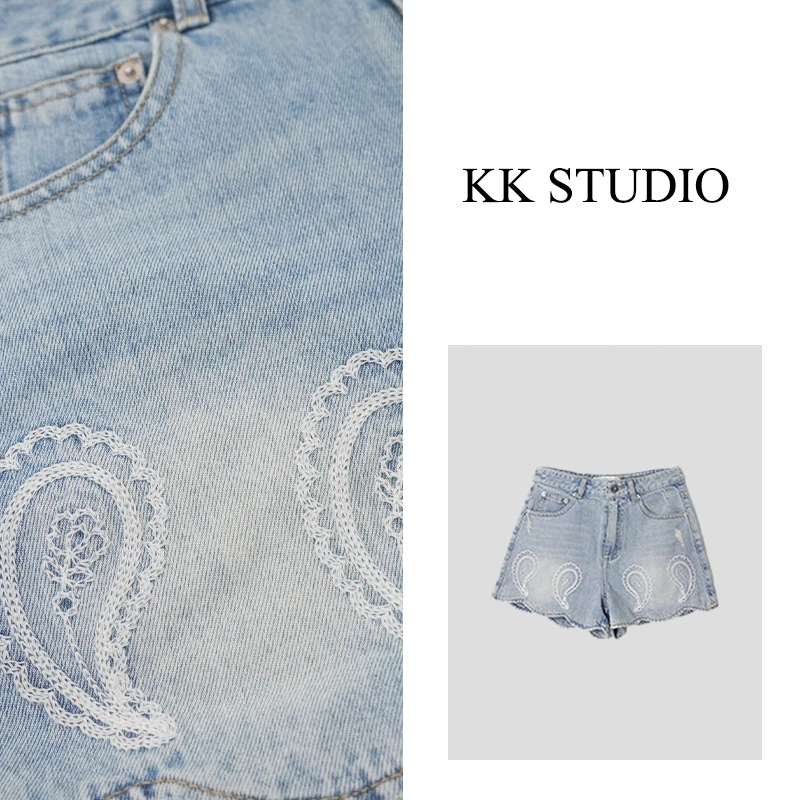 淇老板KK Studio25年夏季新款重工刺绣百搭休闲牛仔短裤9095