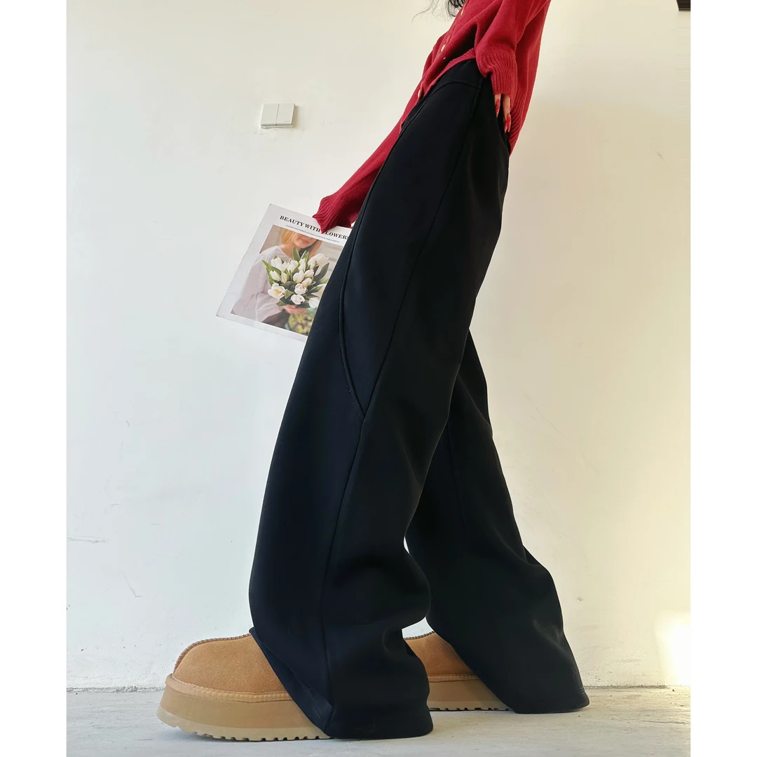 猫猫加长女裤高个子六片立体剪加绒加厚阔腿裤