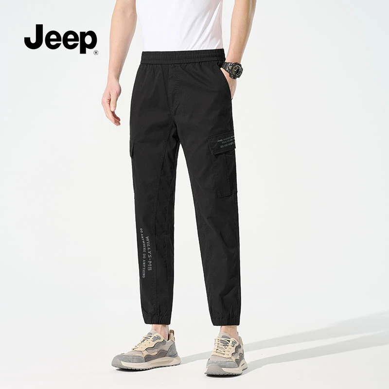 Jeep 吉普工装裤男夏季束脚裤子男经典印花运动裤男宽松休闲裤男