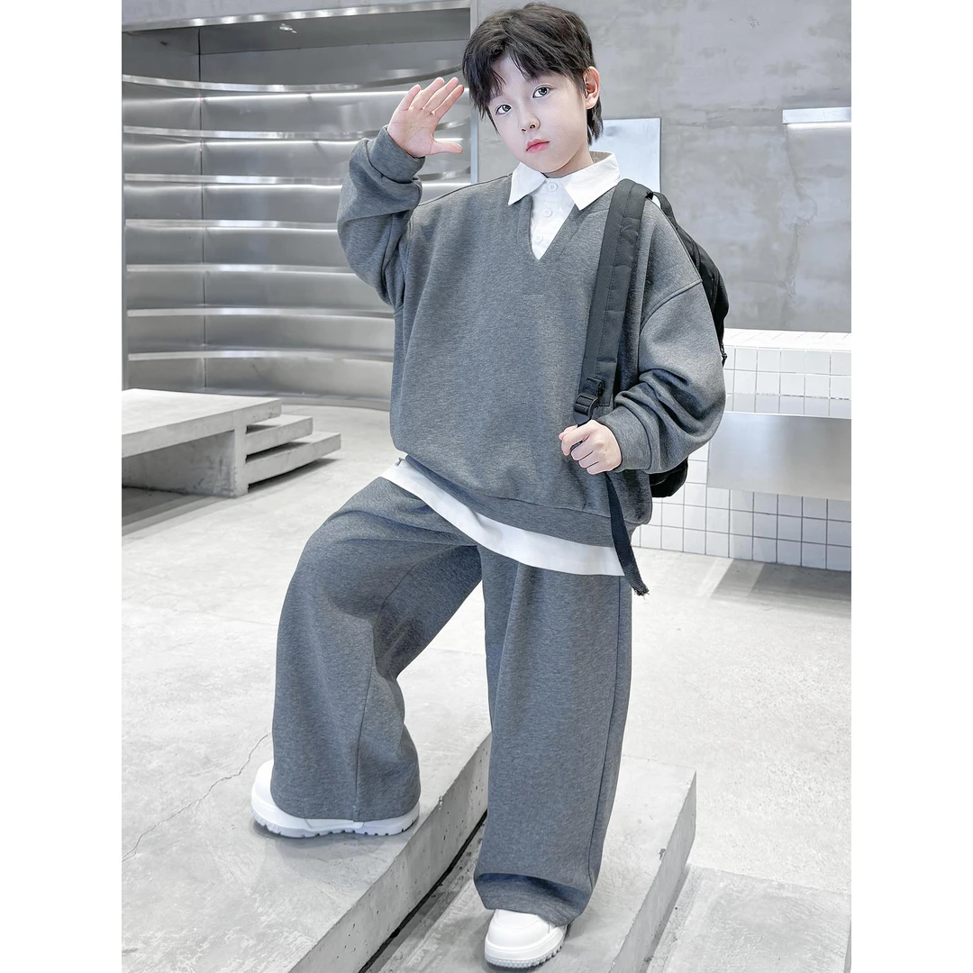 MK&UR.BV男童加绒卫衣套装2025新款中大儿童加厚宽松假两件套酷帅