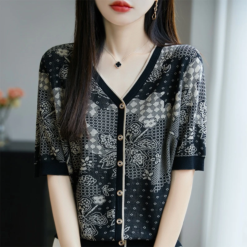 正品哥弟新款夏季复古短袖女气质提花V领显瘦洋气百搭薄款针织衫