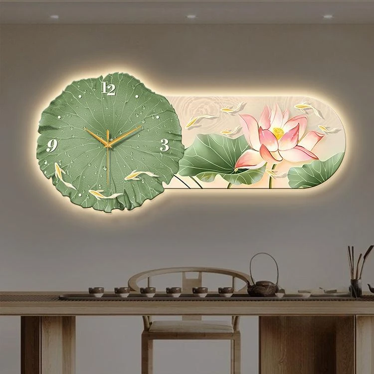 新中式餐厅装饰画荷花九鱼饭厅背景墙挂画现代轻奢客厅带时钟挂画