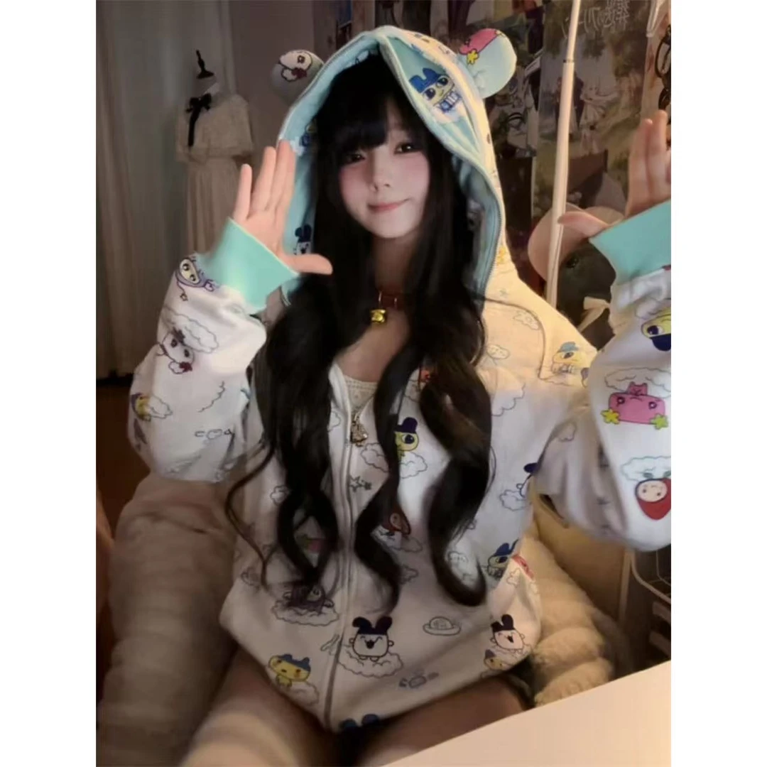 可爱猫耳朵卡通满印连帽卫衣女秋冬季2025新款学院风拼色开衫外套