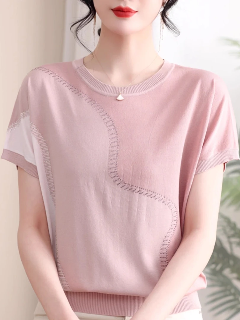 中老年女装洋气宽松冰丝短袖T恤圆领针织衫妈妈夏装时尚薄款上衣
