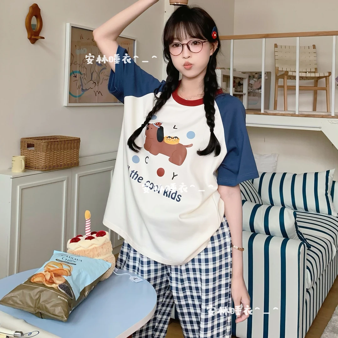 睡衣新款夏季柔软短袖长裤短裤精梳棉质轻薄夏天女士大码家居套装