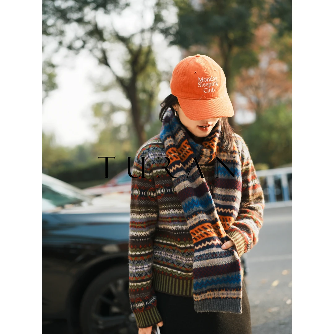 冰岛复古仿浣熊绒提花费尔岛羊毛混纺开衫时尚百搭气质TRTG1237