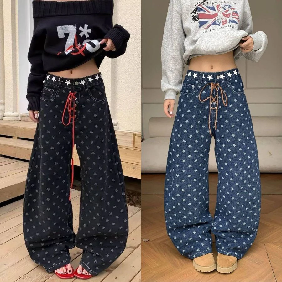 复古星星满印绑带牛仔裤百搭弯刀阔腿裤宽松显瘦长裤男女