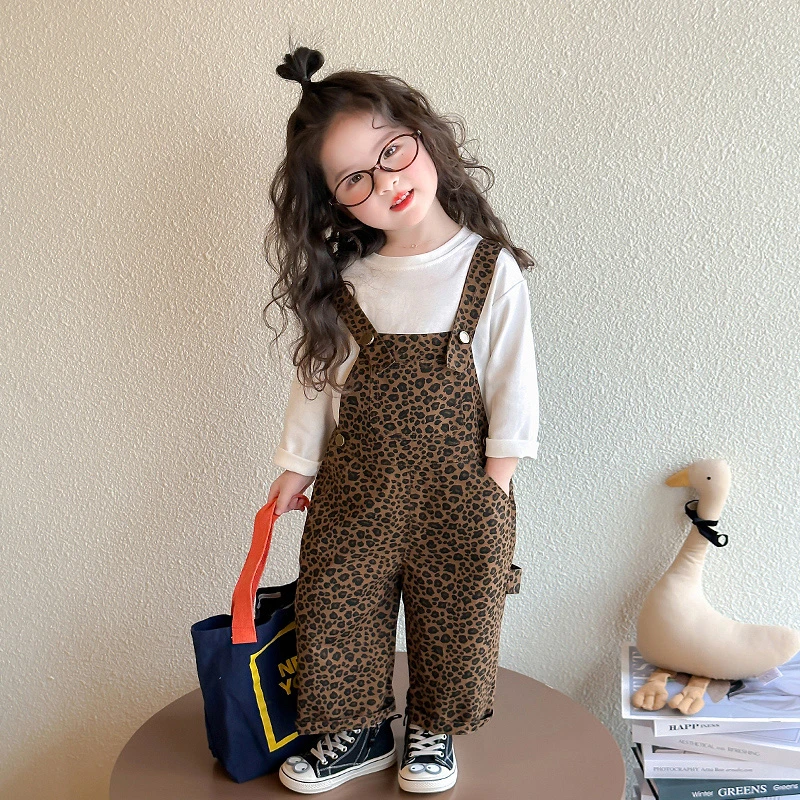 女童豹纹套装2025新款儿童春秋装韩版洋气女宝宝春季背带裤两件套