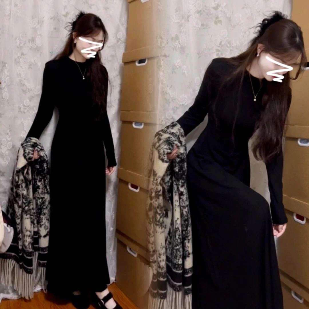 德绒法式赫本风黑色鱼尾收腰修身连衣裙内搭打底裙气质显瘦长裙子