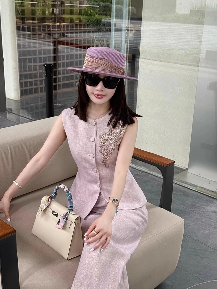 0778定制重工刺绣浪漫紫无袖马甲长裤套装