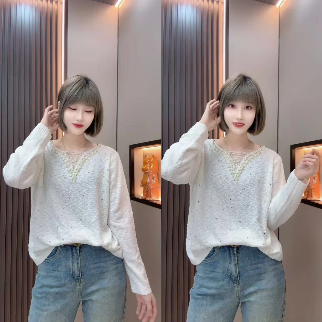 敏宝儿＋烫钻针织厚款长袖女纯色毛针织衫气质毛衣女装镂空