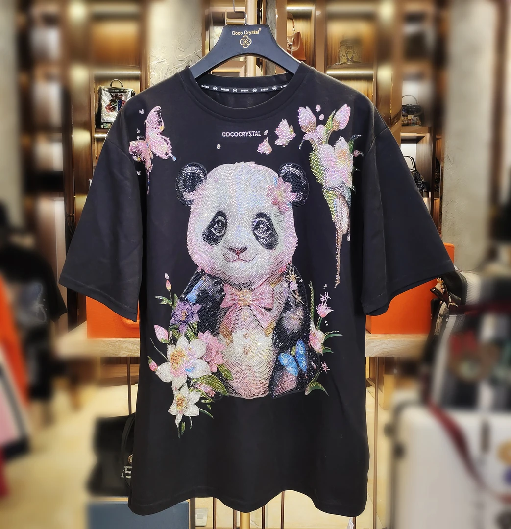 花朵熊猫图案潮牌T恤-80241