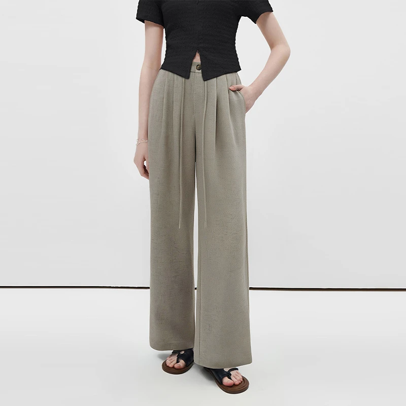 抽绳半松紧垂感直筒休闲裤女通勤百搭显瘦长裤山本裤夏季