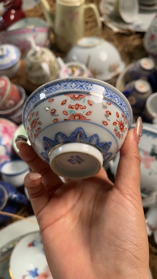 景德镇陶瓷青花加彩光明玲珑茶碗一个