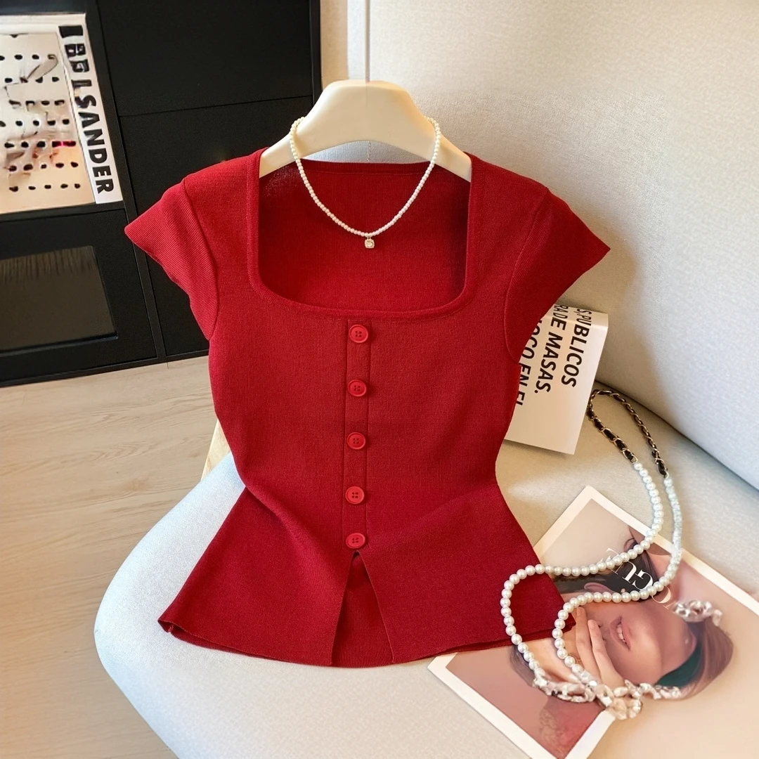 【现货】纯欲风辣妹针织短袖t恤女夏时尚洋气显瘦百搭小衫别致上衣